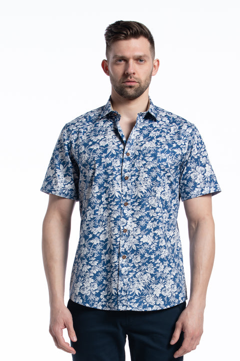 Hanalei Short Sleeve Shirt in Ocean Blue and White