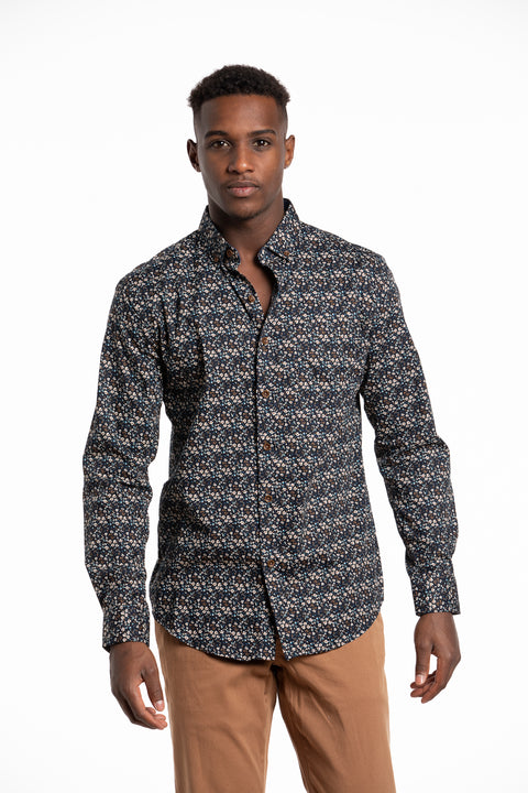 Kilkeel Printed Poplin Shirt in Navy