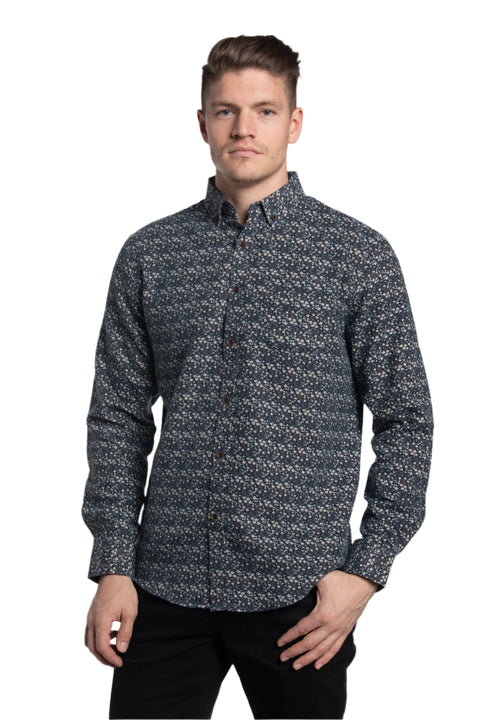 Dromore Floral Flannel Shirt in Navy and White