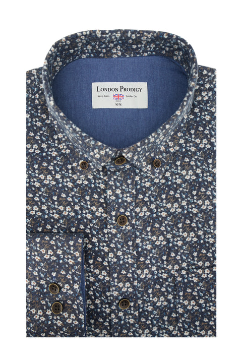 Dromore Floral Flannel Shirt in Navy and White