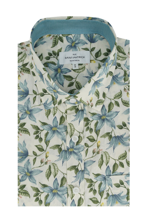 Surabaya Floral Short Sleeve Shirt in Fern Green and White