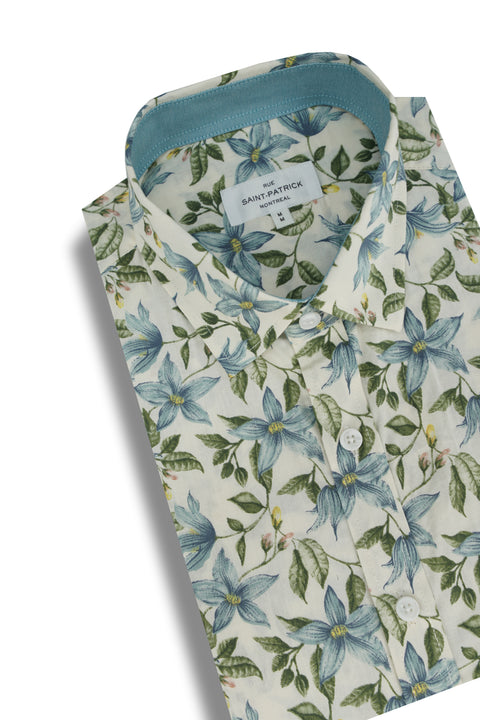 Surabaya Floral Short Sleeve Shirt in Fern Green and White