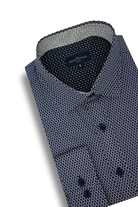 Mediolanum Stretch Poplin Shirt in Space Blue and Smoky Black