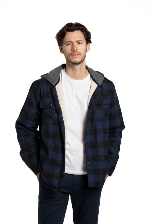 Ballymena Hooded Sherpa Lined Overshirt in Navy and Black