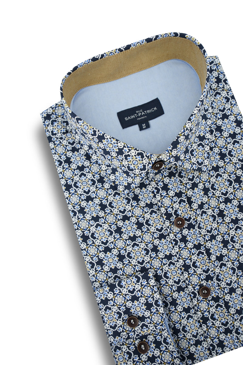 Castlecaldwell Mosaic Print Shirt in Navy and Blue – Rue Saint-Patrick