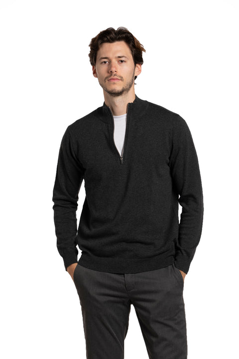 Zip Mock Neck Cotton Sweater in Charcoal