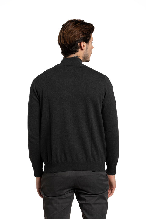 Zip Mock Neck Cotton Sweater in Charcoal